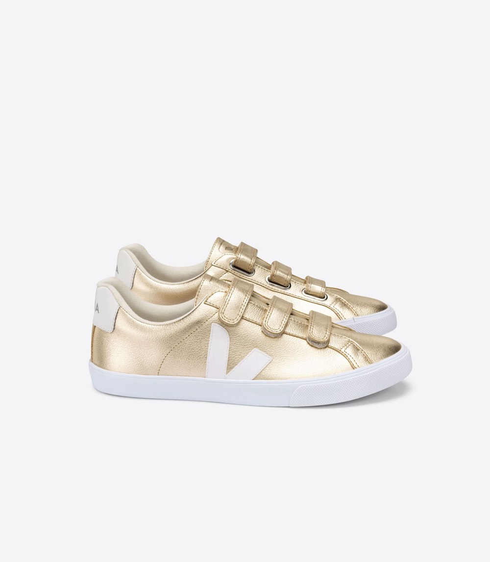 Tenis Veja Mujer - 3-Lock Cuero - Dorados/Blancos - 056VFDZUW